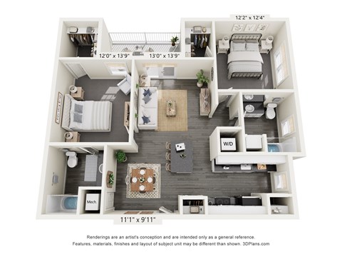 Floor plan for 2 beds, 2 baths, 1060 sqft